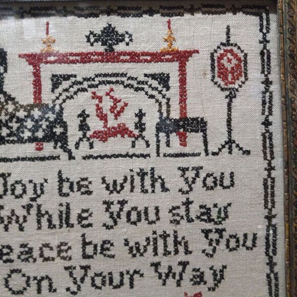 Antique Framed Cross Stitch Sampler-Joy Be With You-Folkart-Needlepoint-Primitve - Picture 3 of 8
